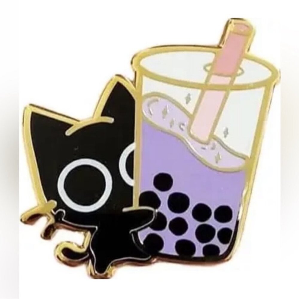 Bubble Tea Lovers Black Cat Holding Bubble Tea Enamel PinBlack Gold &amp;